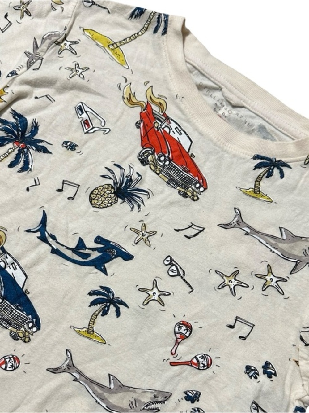 Stella McCartney Kids Size 6 Cream Sharks Cars Palm Trees Tee T-Shirt